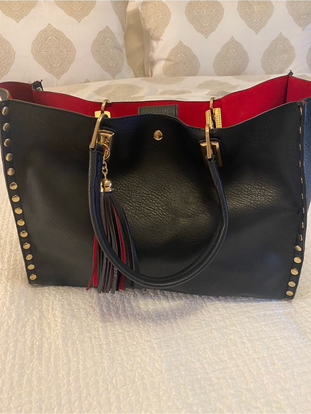 Black Tote with Red Interior and Gold Accents